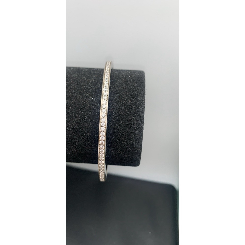 Dainty Silver Tone And Rhinestone‎ Slide Open With Safety Catch Bangle Bracelet